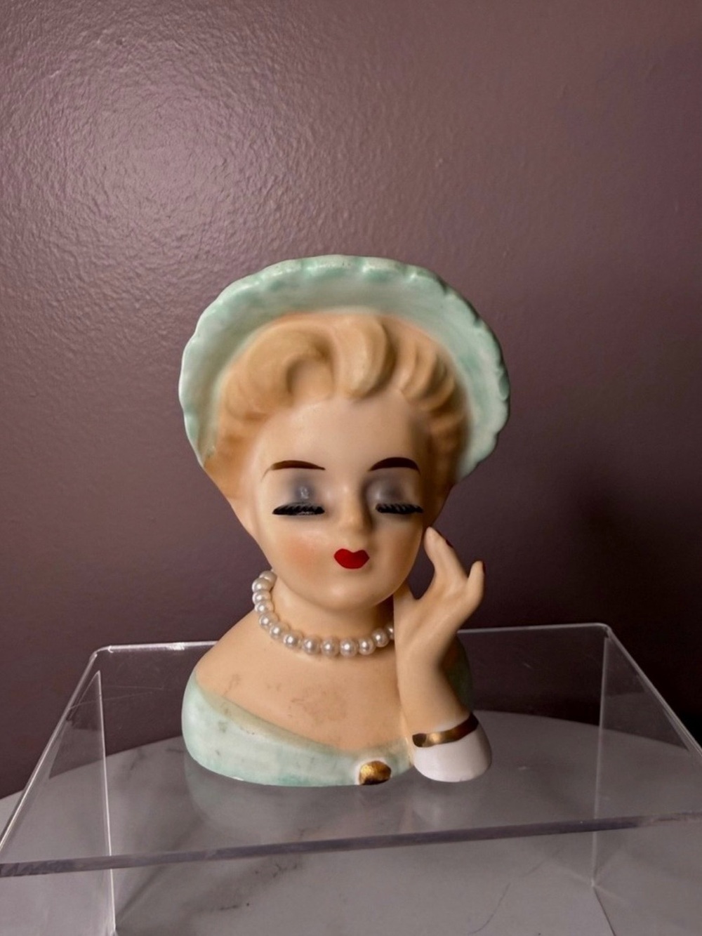 Ceramic Mini Lady Head Vase in Mint and Cream with Faux Pearl Accent